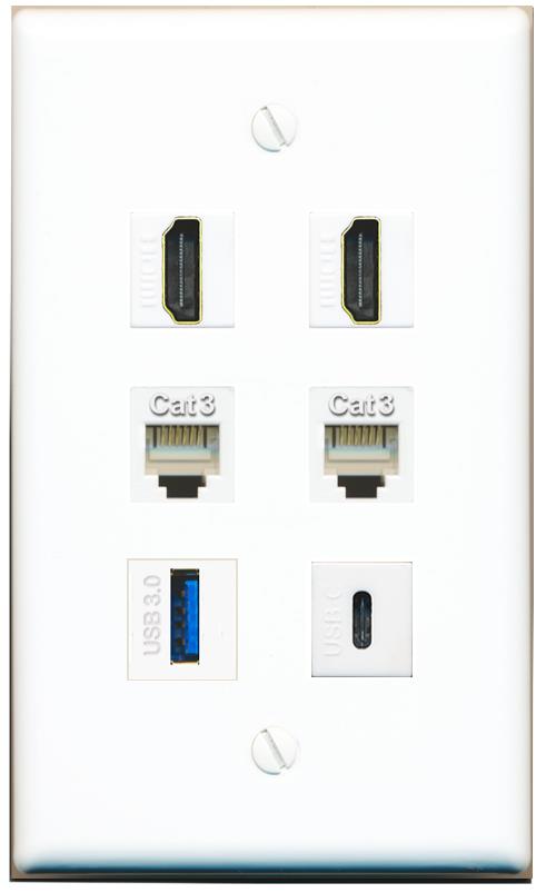  2 HDMI 2 PHONE USB-3 USBC Flat/Solid Wall Plate [White]