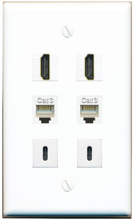  2 HDMI 2 PHONE 2 USBC Flat/Solid Wall Plate [White]