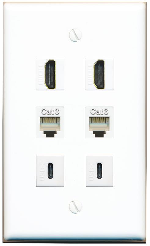  2 HDMI 2 PHONE 2 USBC Flat/Solid Wall Plate [White]