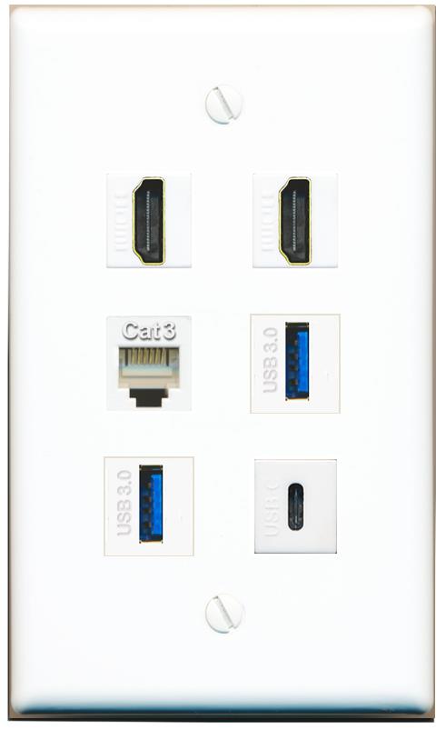 2 HDMI PHONE 2 USB-3 USBC Flat/Solid Wall Plate [White]