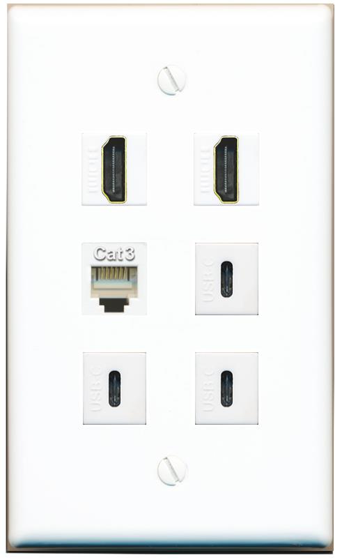  2 HDMI PHONE 3 USBC Flat/Solid Wall Plate [White]
