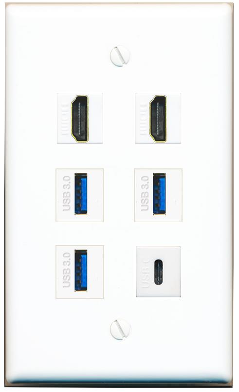  2 HDMI 3 USB-3 USBC Flat/Solid Wall Plate [White]