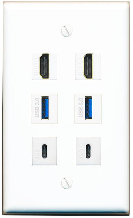  2 HDMI 2 USB-3 2 USBC Flat/Solid Wall Plate [White]