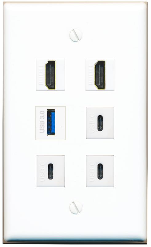  2 HDMI USB-3 3 USBC Flat/Solid Wall Plate [White]