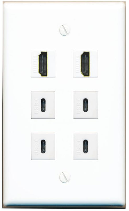  2 HDMI 4 USBC Flat/Solid Wall Plate [White]