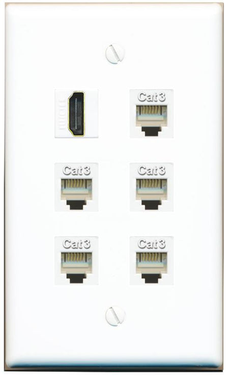  HDMI 5 PHONE Flat/Solid Wall Plate [White]