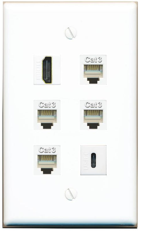  HDMI 4 PHONE USBC Flat/Solid Wall Plate [White]