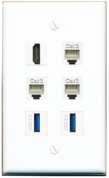  HDMI 3 PHONE 2 USB-3 Flat/Solid Wall Plate [White]