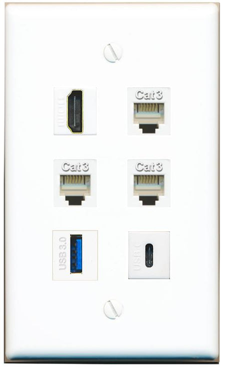  HDMI 3 PHONE USB-3 USBC Flat/Solid Wall Plate [White]