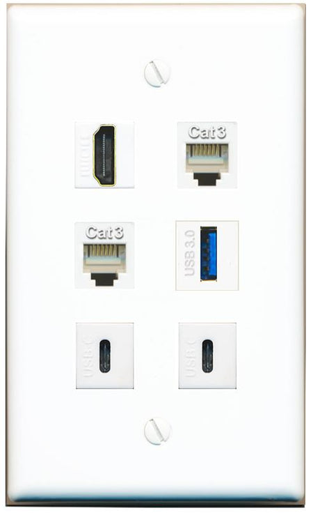  HDMI 2 PHONE USB-3 2 USBC Flat/Solid Wall Plate [White]