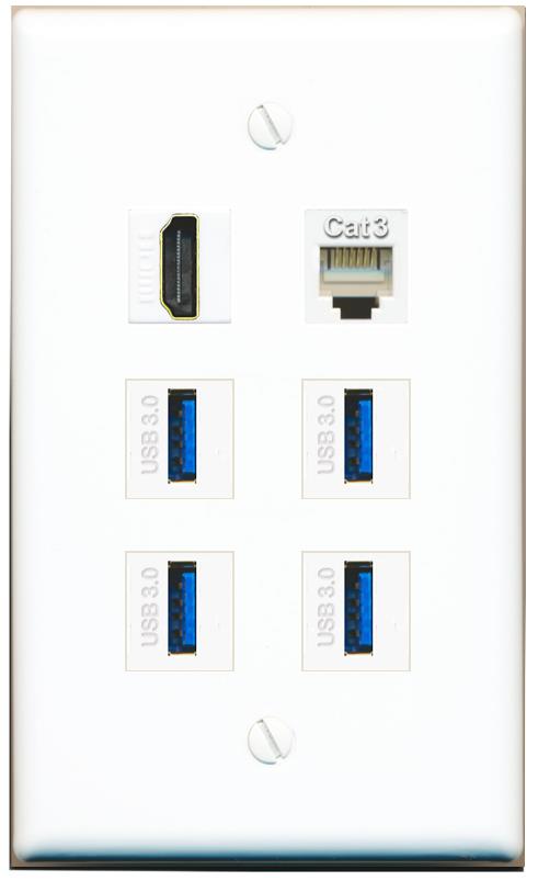  HDMI PHONE 4 USB-3 Flat/Solid Wall Plate [White]