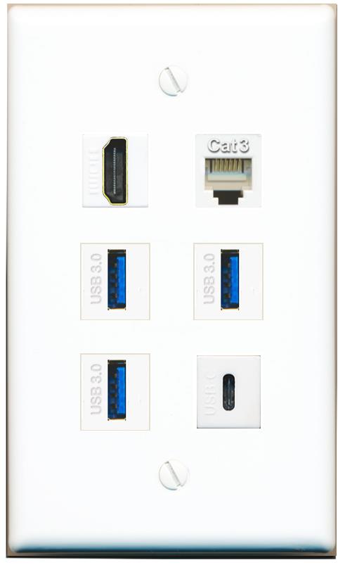  HDMI PHONE 3 USB-3 USBC Flat/Solid Wall Plate [White]