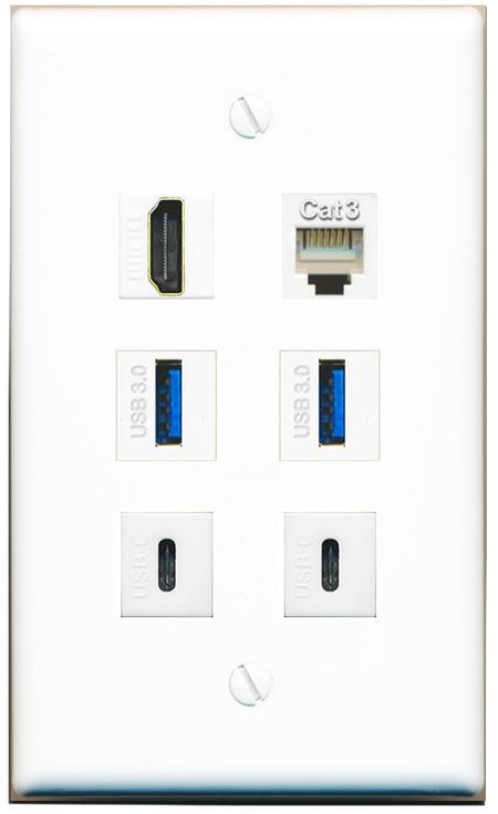  HDMI PHONE 2 USB-3 2 USBC Flat/Solid Wall Plate [White]