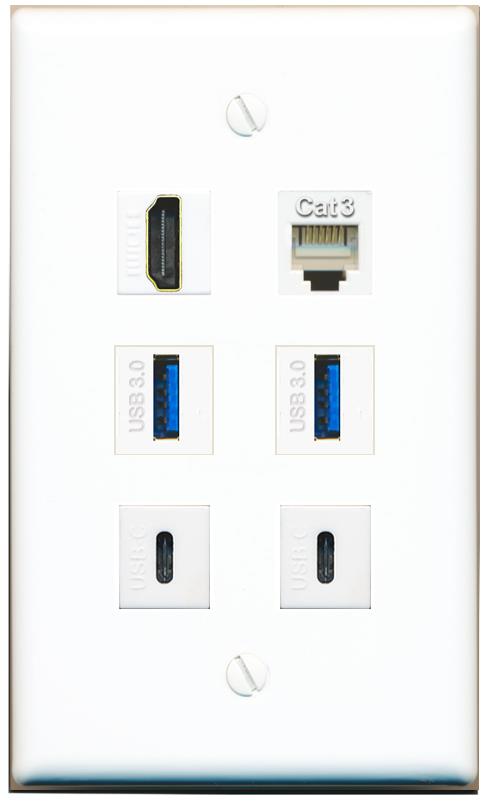  HDMI PHONE 2 USB-3 2 USBC Flat/Solid Wall Plate [White]