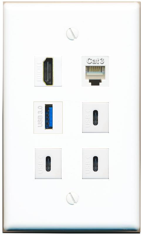 HDMI PHONE USB-3 3 USBC Flat/Solid Wall Plate [White]