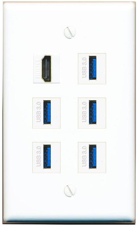  HDMI 5 USB-3 Flat/Solid Wall Plate [White]