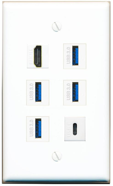  HDMI 4 USB-3 USBC Flat/Solid Wall Plate [White]