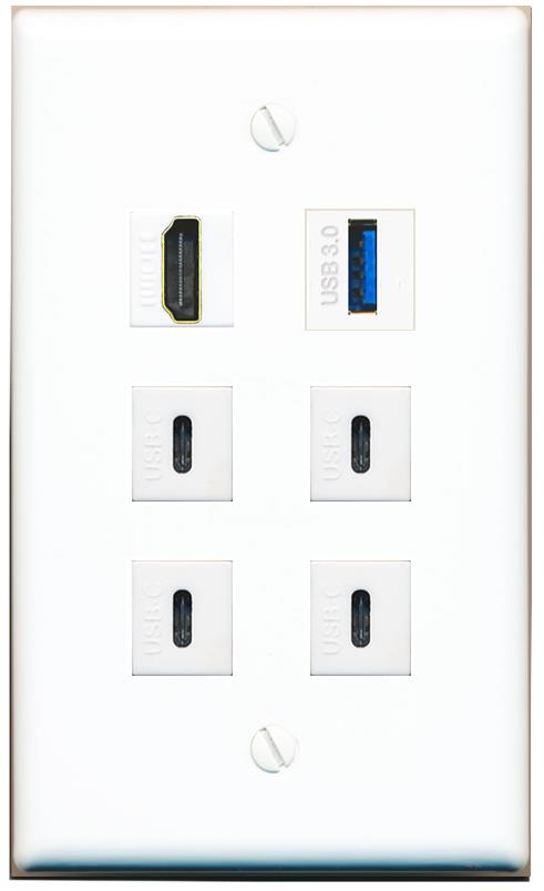  HDMI USB-3 4 USBC Flat/Solid Wall Plate [White]