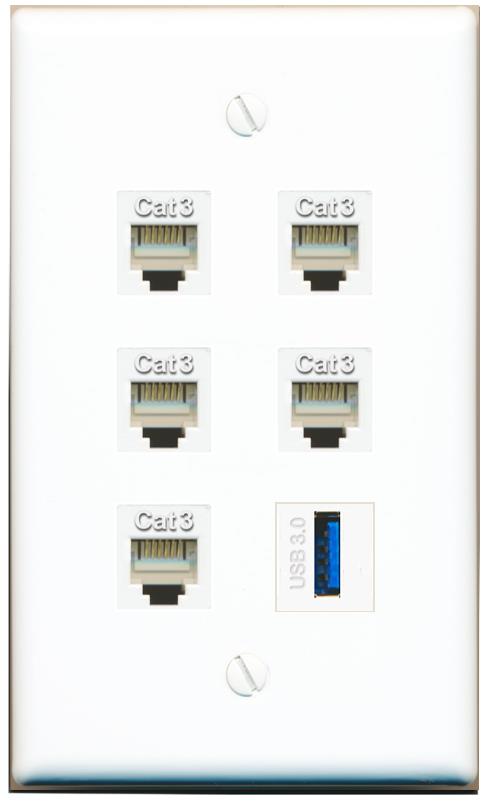  5 PHONE USB-3 Flat/Solid Wall Plate [White]