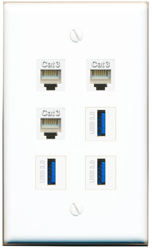  3 PHONE 3 USB-3 Flat/Solid Wall Plate [White]