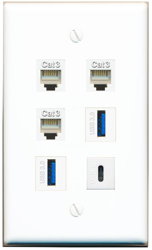 3 PHONE 2 USB-3 USBC Flat/Solid Wall Plate [White]