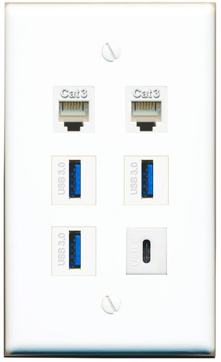  2 PHONE 3 USB-3 USBC Flat/Solid Wall Plate [White]