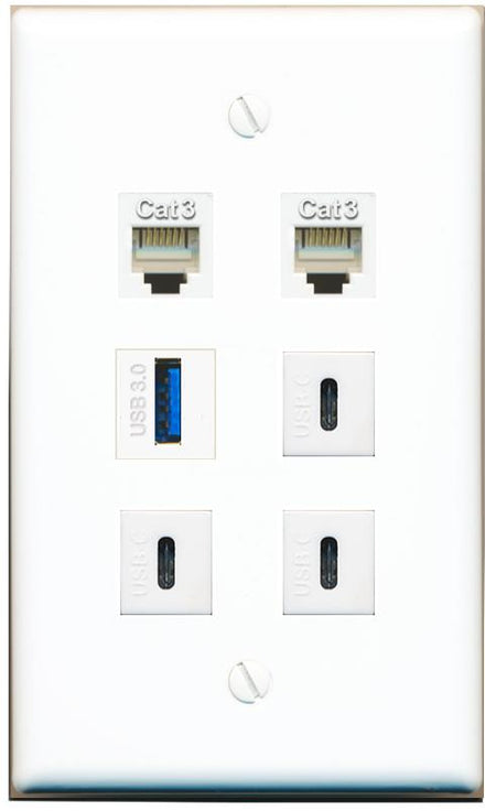  2 PHONE USB-3 3 USBC Flat/Solid Wall Plate [White]