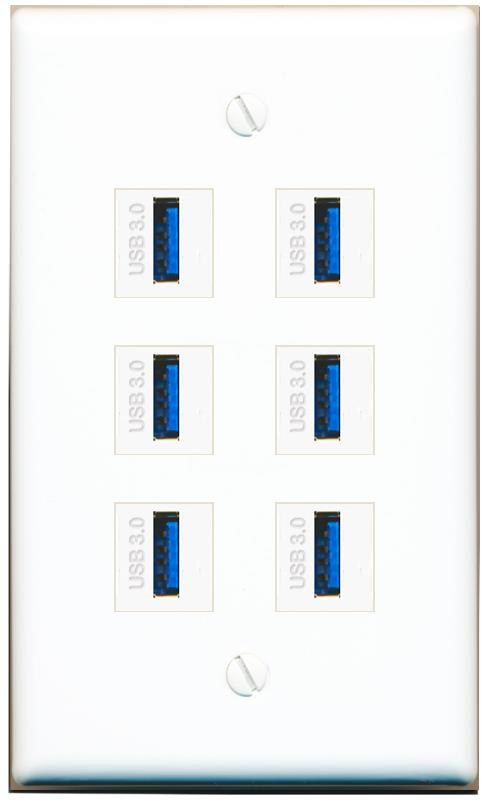  6 USB-3 Flat/Solid Wall Plate [White]