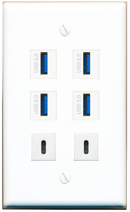 4 USB-3 2 USBC Flat/Solid Wall Plate [White]