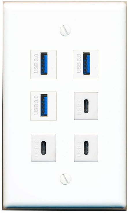  3 USB-3 3 USBC Flat/Solid Wall Plate [White]