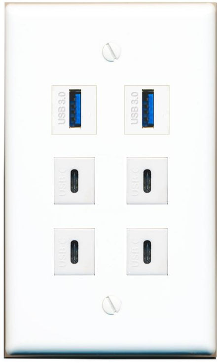  2 USB-3 4 USBC Flat/Solid Wall Plate [White]