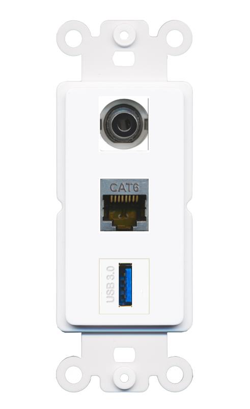 3.5mm CAT6-SHIELDED USB-3 Wall Plate [White]