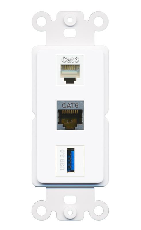 CAT6-SHIELDED PHONE USB-3 Wall Plate [White]