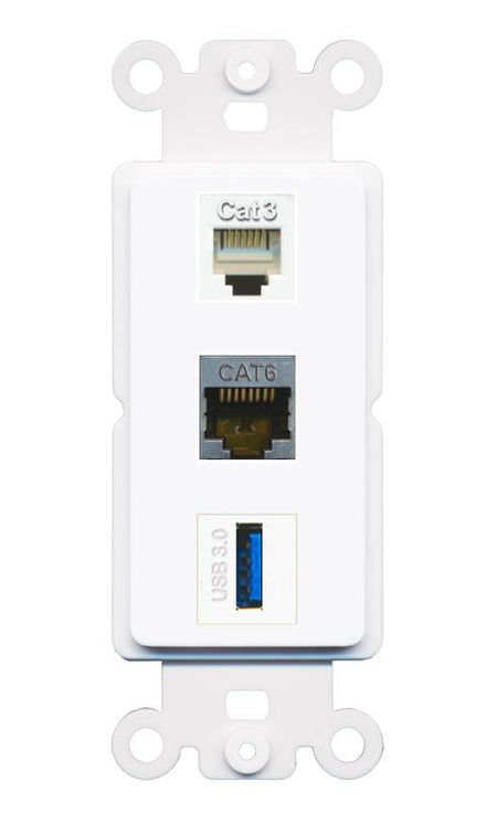 CAT6-SHIELDED PHONE USB-3 Wall Plate [White]