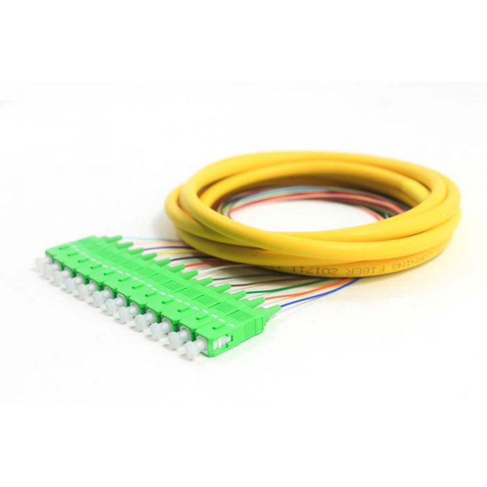RiteAV 12 Strand Fiber Distribution Pigtail, Singlemode, SC/APC Connectors, Green Boots, 3 meter(1m 900um fanout + 2m distribution tail)