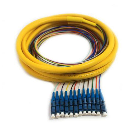 RiteAV 12 Strand Fiber Distribution Pigtail, Singlemode, LC/UPC Connectors, Blue Boots, 3 meter(1m 900um fanout + 2m distribution tail)
