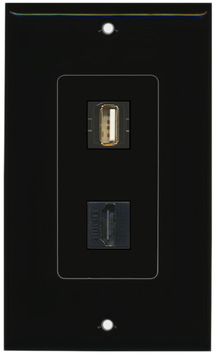 RiteAV - 1 USB A/A and 1 HDMI Port Decorative Wall Plate - Black - Bracket Included