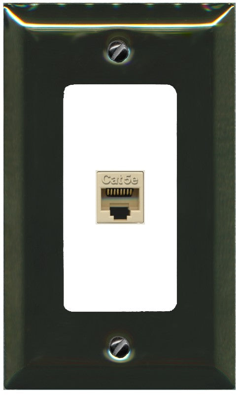 RiteAV 1 Port CAT5E-IVORY Wall Plate - 1 Gang Decorative [Brass/White]