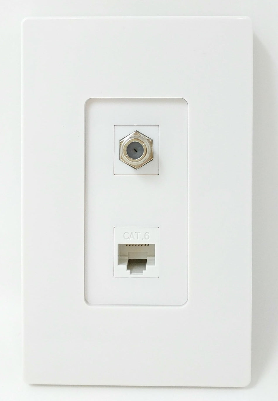 RiteAV - 1 Coax Cable TV F and 1 Cat6 White Ethernet Wall Plate Screwless Decorative - White