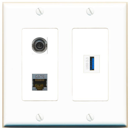 3.5mm CAT6-SHIELDED USB-3 Wall Plate [White]