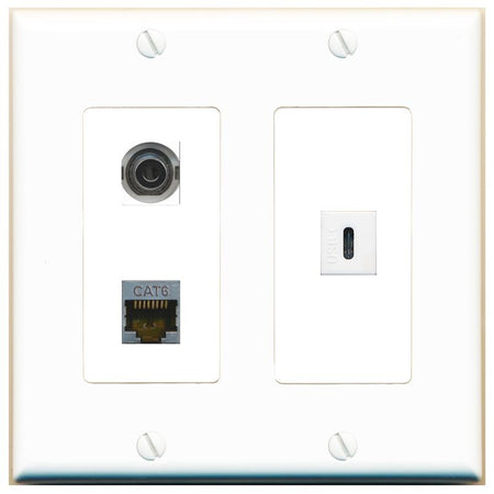 3.5mm CAT6-SHIELDED USBC Wall Plate [White]