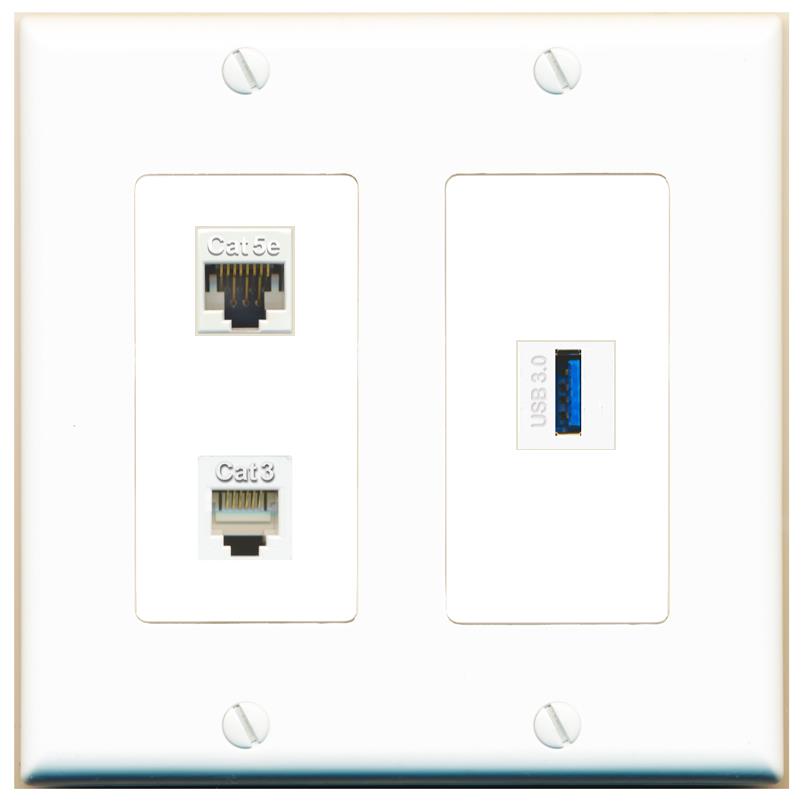 CAT5E PHONE USB-3 Wall Plate [White]
