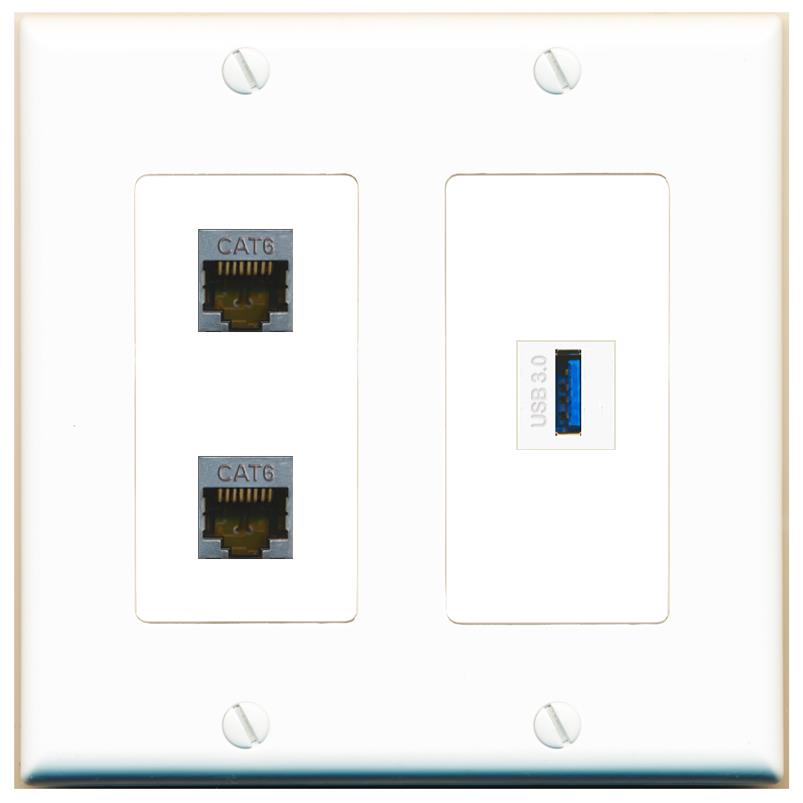 2 CAT6-SHIELDED USB-3 Wall Plate [White] – RiteAV