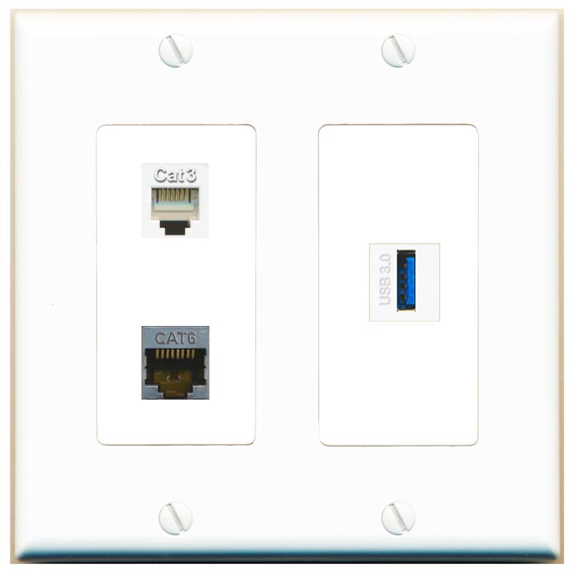 CAT6-SHIELDED PHONE USB-3 Wall Plate [White]