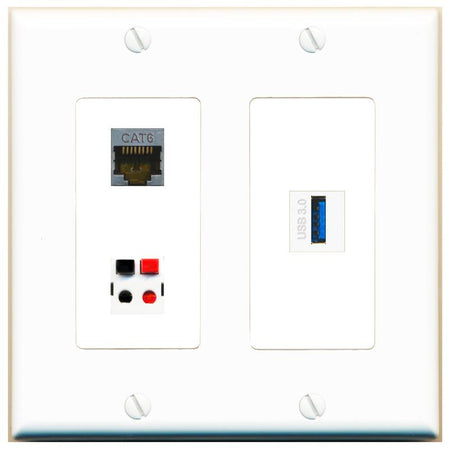 CAT6-SHIELDED SPEAKER USB-3 Wall Plate [White]