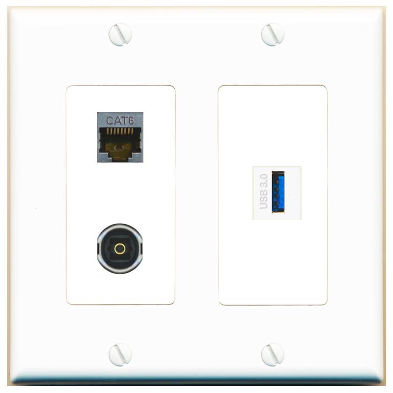 CAT6-SHIELDED TOSLINK USB-3 Wall Plate [White]
