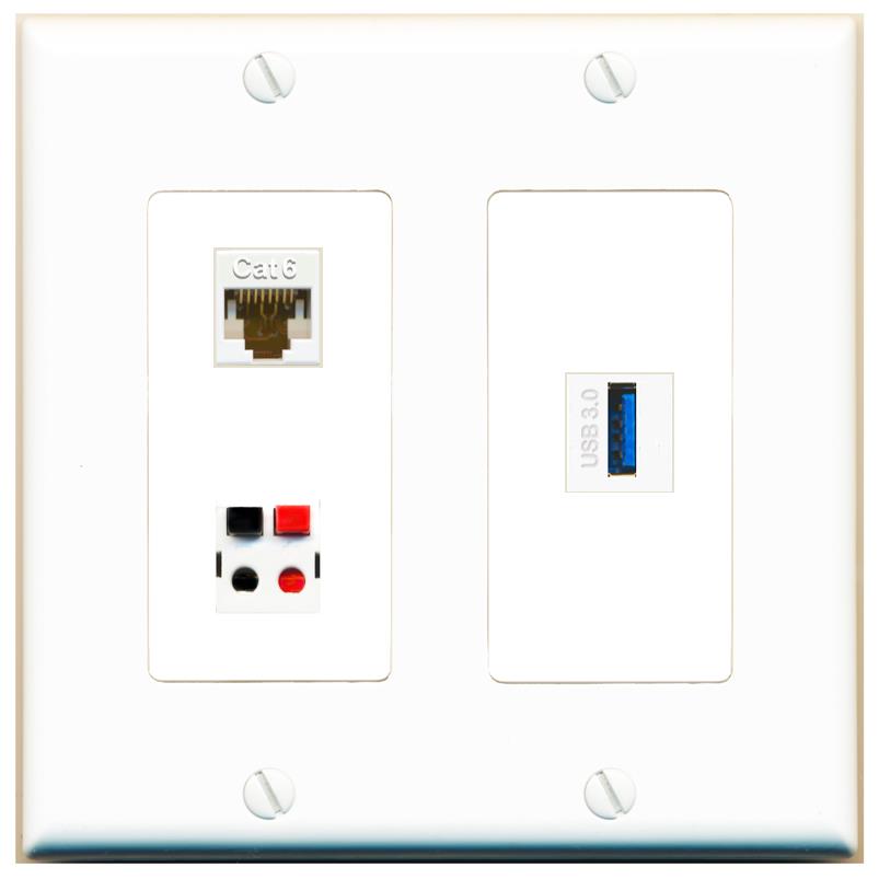 CAT6 SPEAKER USB-3 Wall Plate [White]