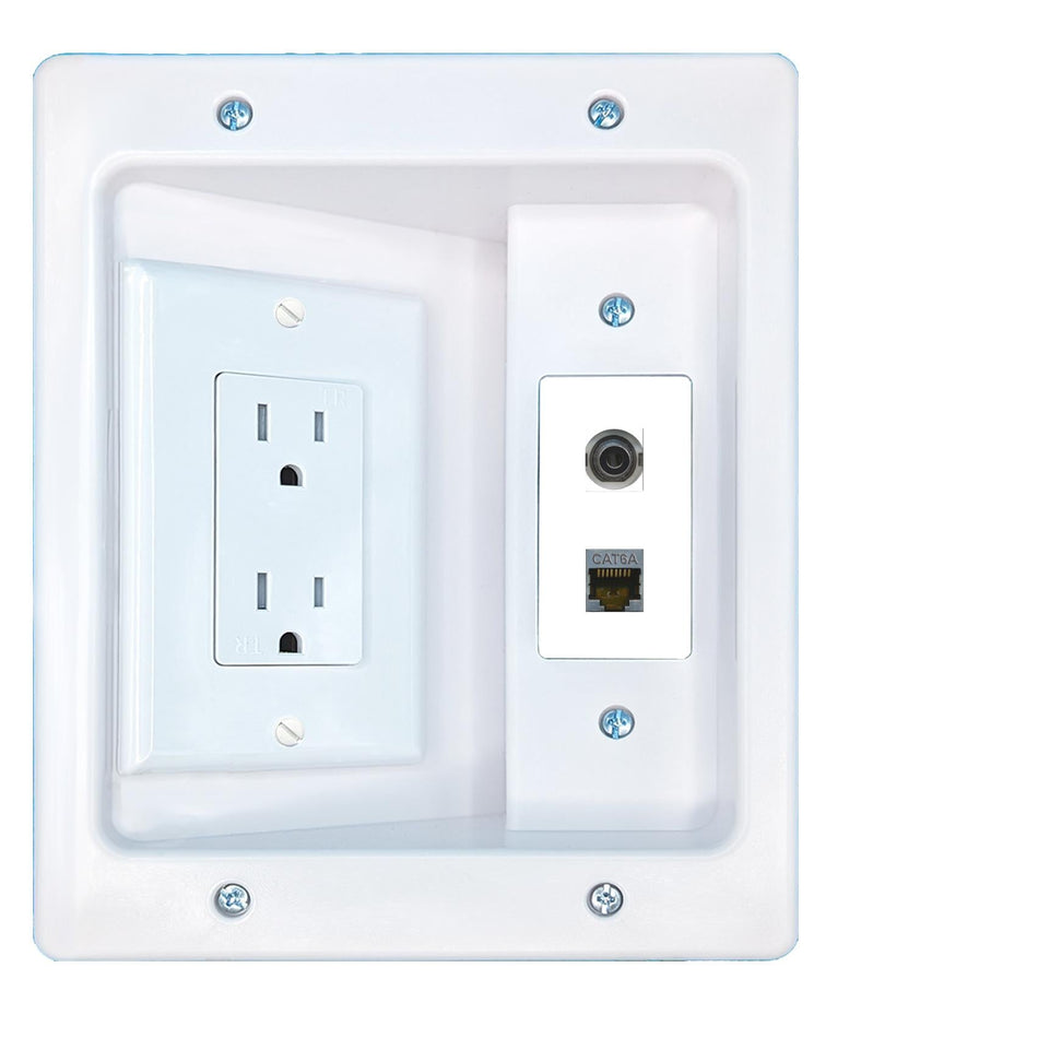 RiteAV 3.5mm CAT6A Recessed Wall Plate Cable Concealer Management Kit with Power Outlet Hides Cords and Cables