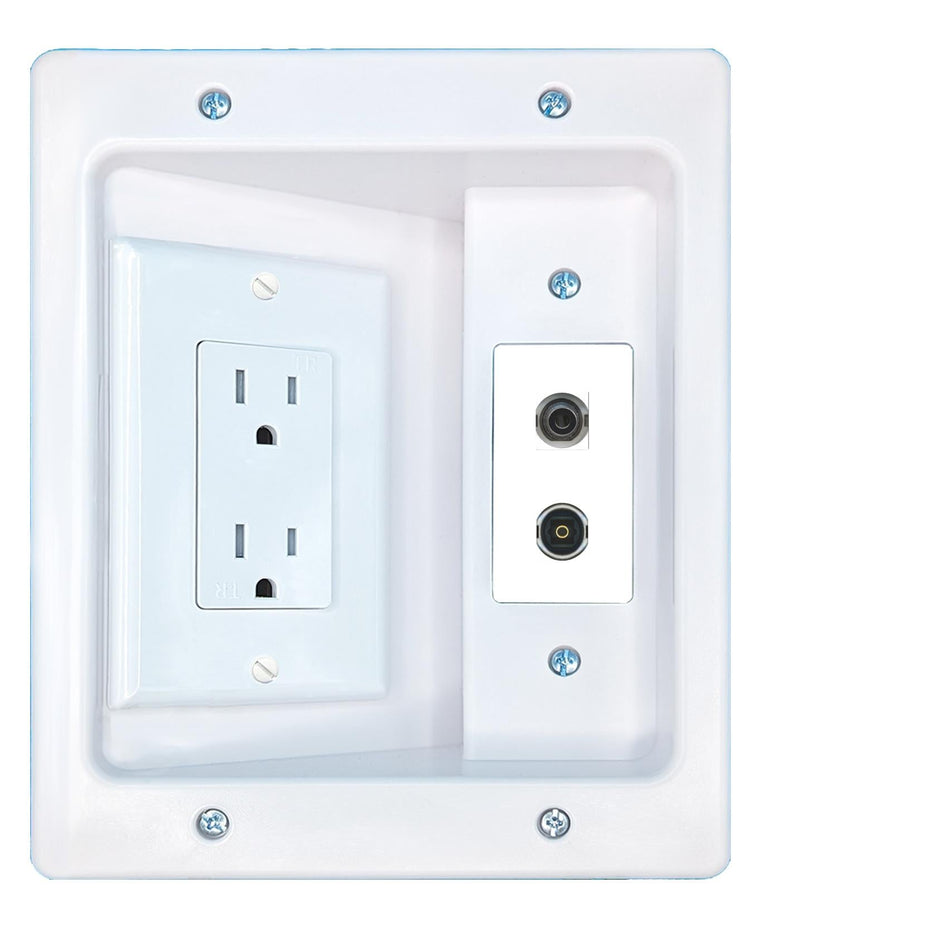 RiteAV 3.5mm TOSLINK Recessed Wall Plate Cable Concealer Management Kit with Power Outlet Hides Cords and Cables