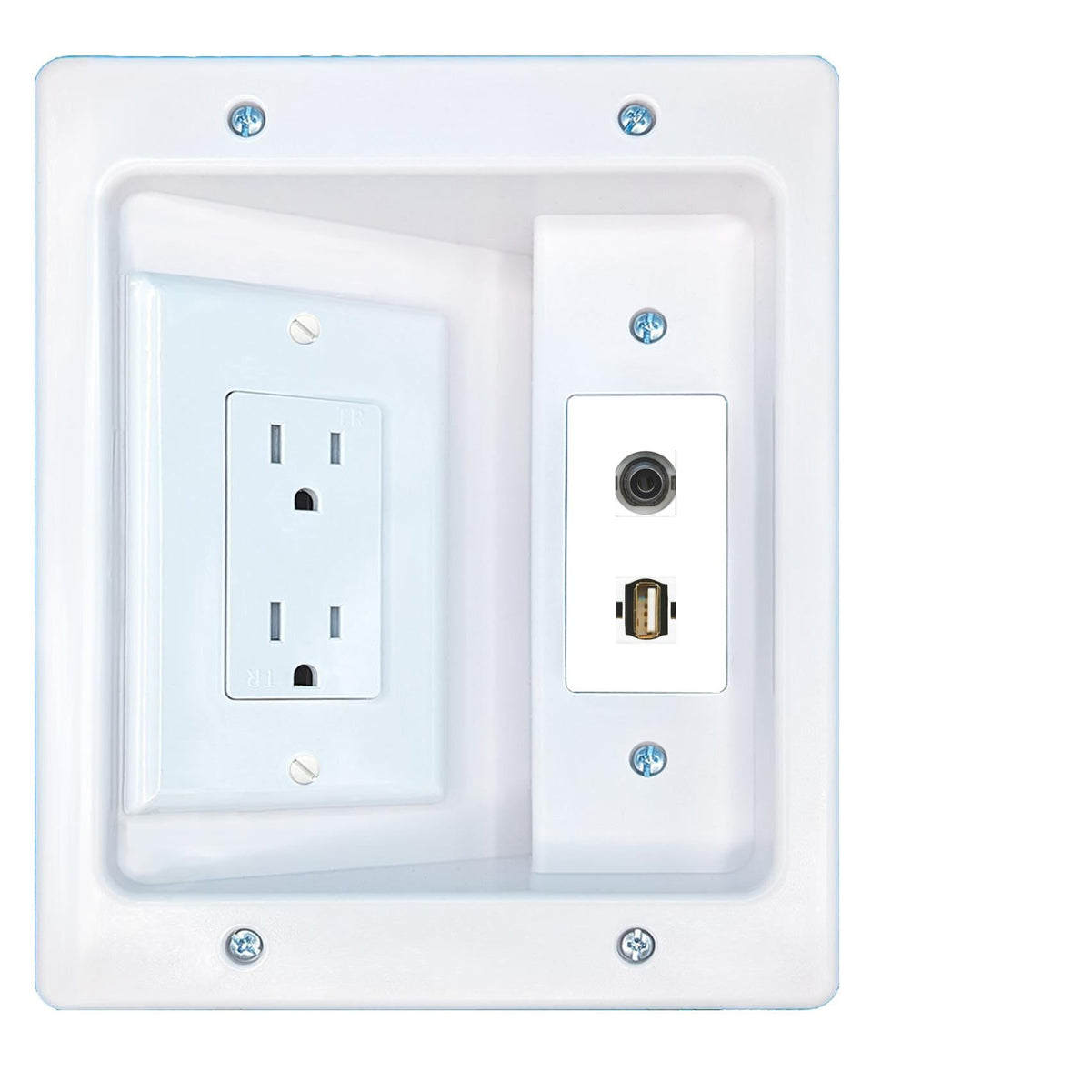 RiteAV 3.5mm USB2 Recessed Wall Plate Cable Concealer Management Kit with Power Outlet Hides Cords and Cables